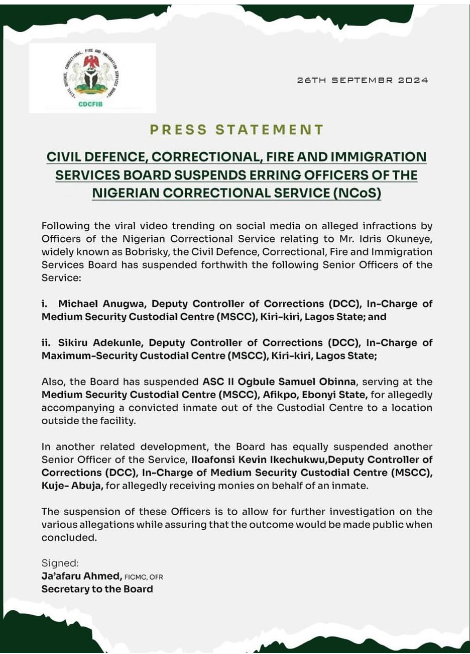 FG Suspends Four Senior Prisons Officials Over Bobrisky's Bribery Allegations