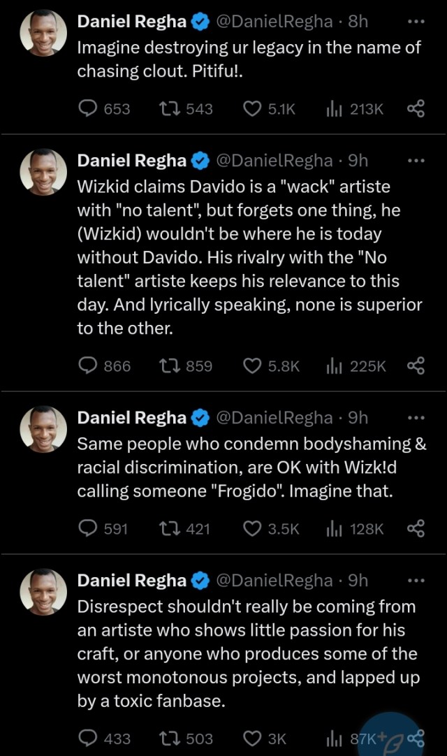 Daniel Regha Slams Wizkid For Saying Davido Is 'Wack And Talentless' 2 Daniel Regha Slams Wizkid For Saying Davido Is 'Wack And Talentless'