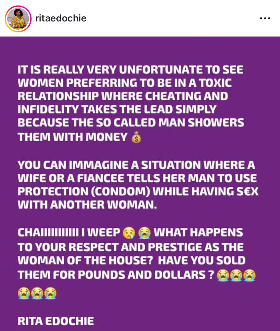 Rita Edochie Criticizes Women Who Stays With Unfaithful Men Because Of Money 2 Rita Edochie Criticizes Women Who Stays With Unfaithful Men Because Of Money
