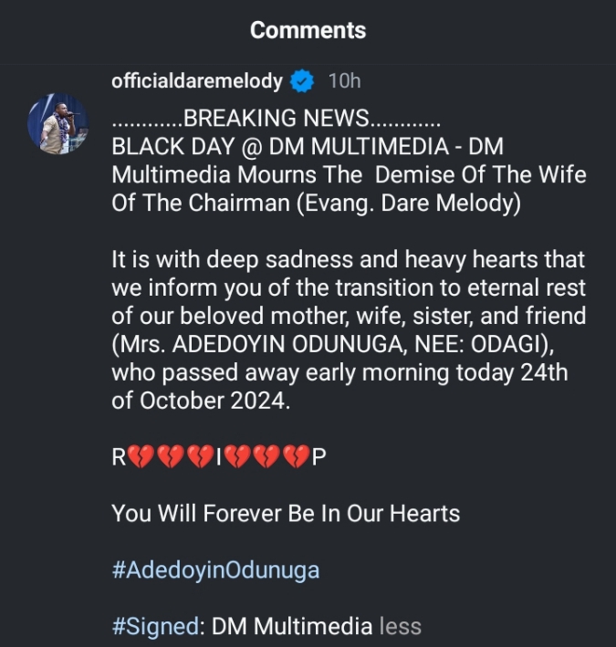 Gospel Singer Dare Melody Loses His Wife, Adedoyin Odunuga