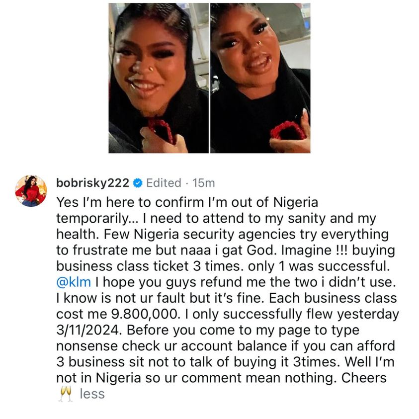 "Security Agencies Tried Everything To Frustrate Me" - Bobrisky Confirms Exit From Nigeria