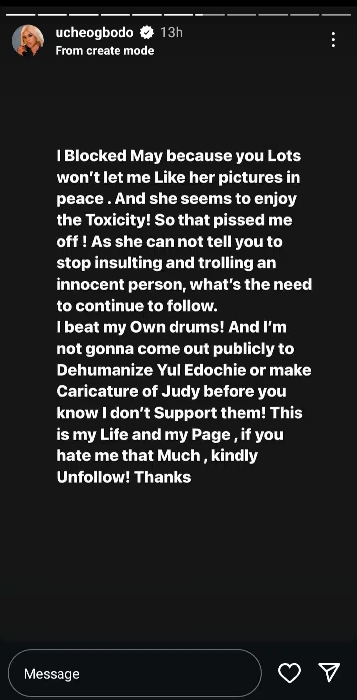 "I Blocked You Because You Enjoy Your Fan's Toxicity" - Uche Ogbodo Slams May Edochie 12 "I Blocked You Because You Enjoy Your Fan's Toxicity" - Uche Ogbodo Slams May Edochie