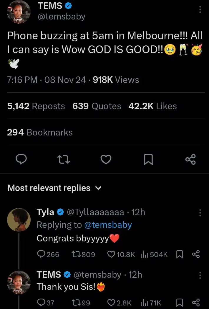 Tems Reacts As Tyla, Others Congrat Her Over 2025 Grammy Nominations