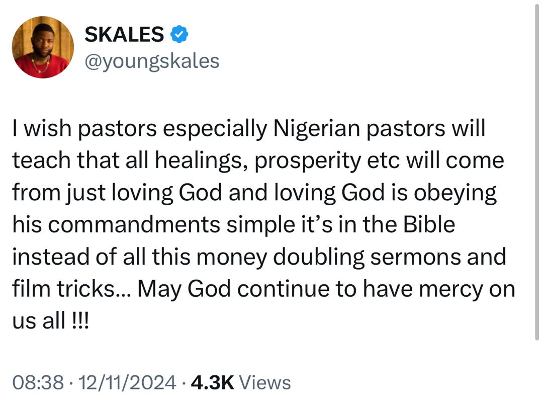 Skales Criticizes Nigerian Pastors Over 'Money Doubling Sermons And Film Tricks' 6 Skales Criticizes Nigerian Pastors Over 'Money Doubling Sermons And Film Tricks'