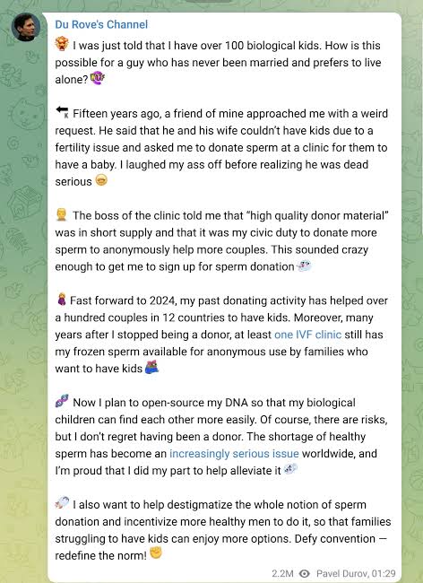 Telegram CEO, Pavel Durov Offer Free IVF To Women Willing To Use His Sperm To Have A Baby