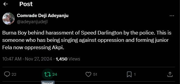 Burna Boy Behind Speed Darlington's Fresh Arrest And Harassment By Police - Deji Adeyanju