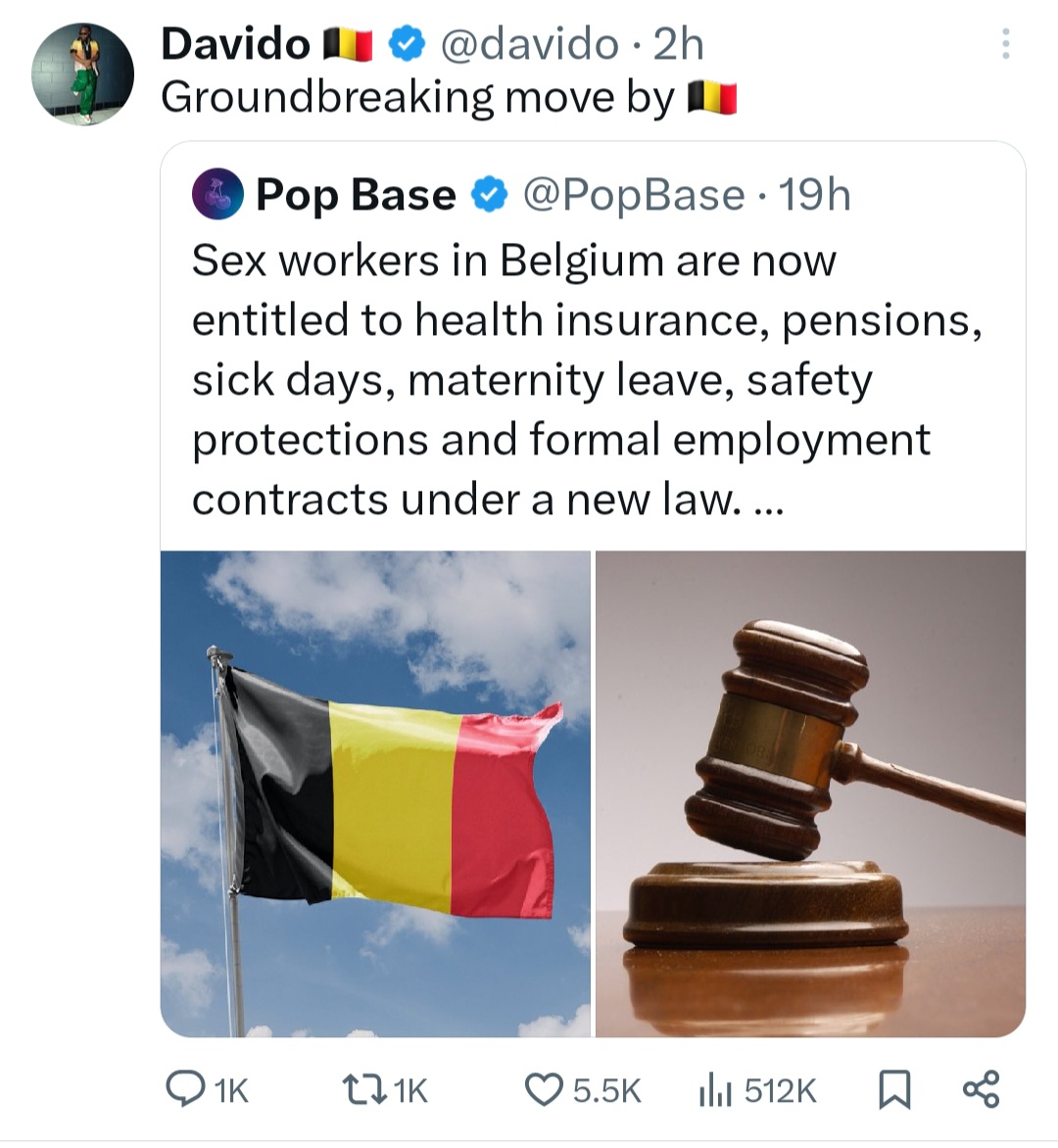 Davido Hails Belgium For Approving Maternity Leave And Pension For Sεx Workers