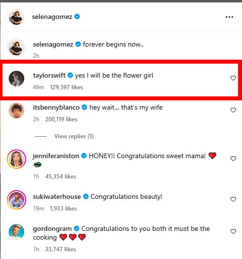 "I'll Be The Flower Girl" - Taylor Swift Reacts To Selena Gomez 's Engagement To Benny Blanco 9 "I'll Be The Flower Girl" - Taylor Swift Reacts To Selena Gomez 's Engagement To Benny Blanco