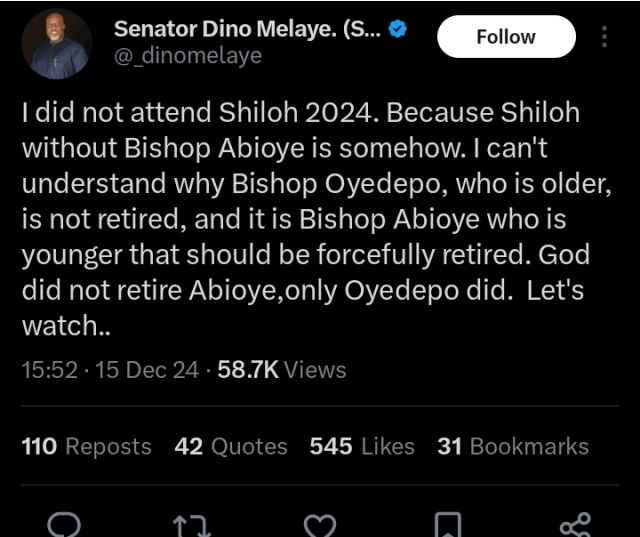 Dino Melaye Criticizes Bishop Oyedepo For Allegedly Forcing David Abioye Into Retirement 6 Dino Melaye Criticizes Bishop Oyedepo For Allegedly Forcing David Abioye Into Retirement