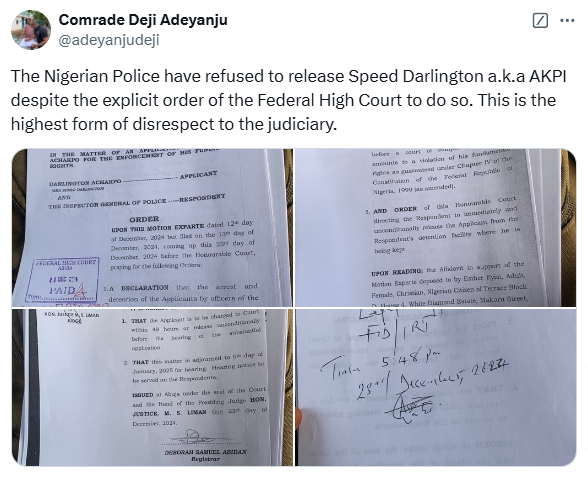 Nigerian Police Refuse To Release Speed Darlington Despite Court Order - Deji Adeyanju