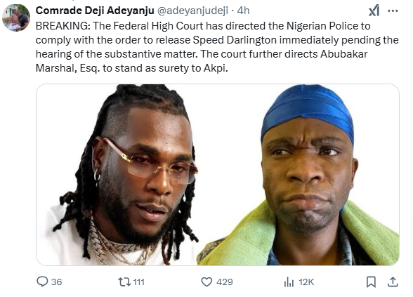 Court Orders Speed Darlington's Immediate Release Amid Defamation Lawsuit By Burna Boy