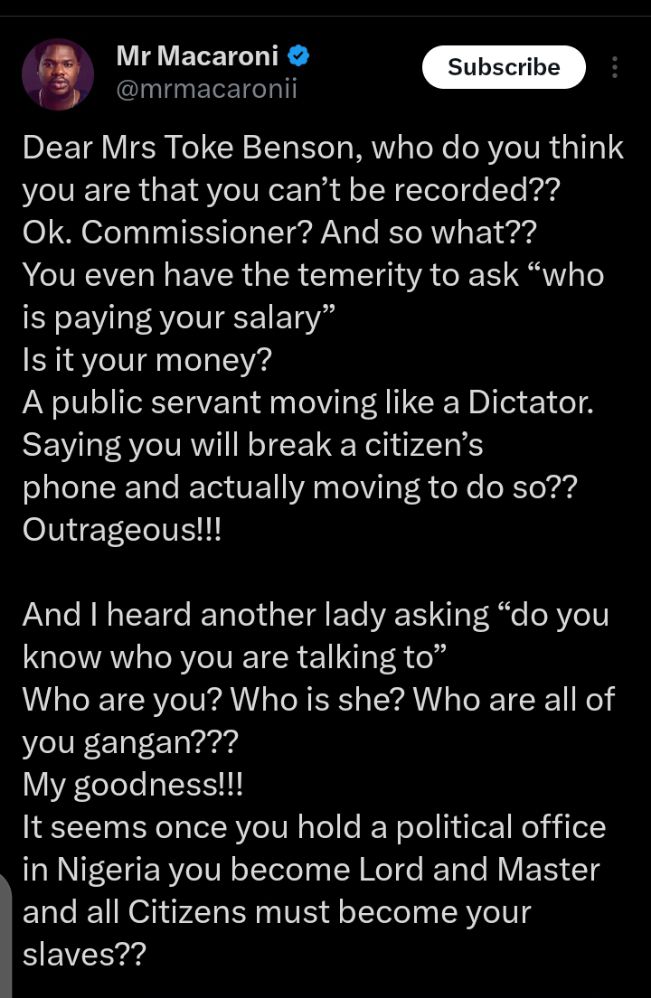 Mr Macaroni Calls Out Lagos Commissioner, Toke Benson For Assaulting Man [Video]