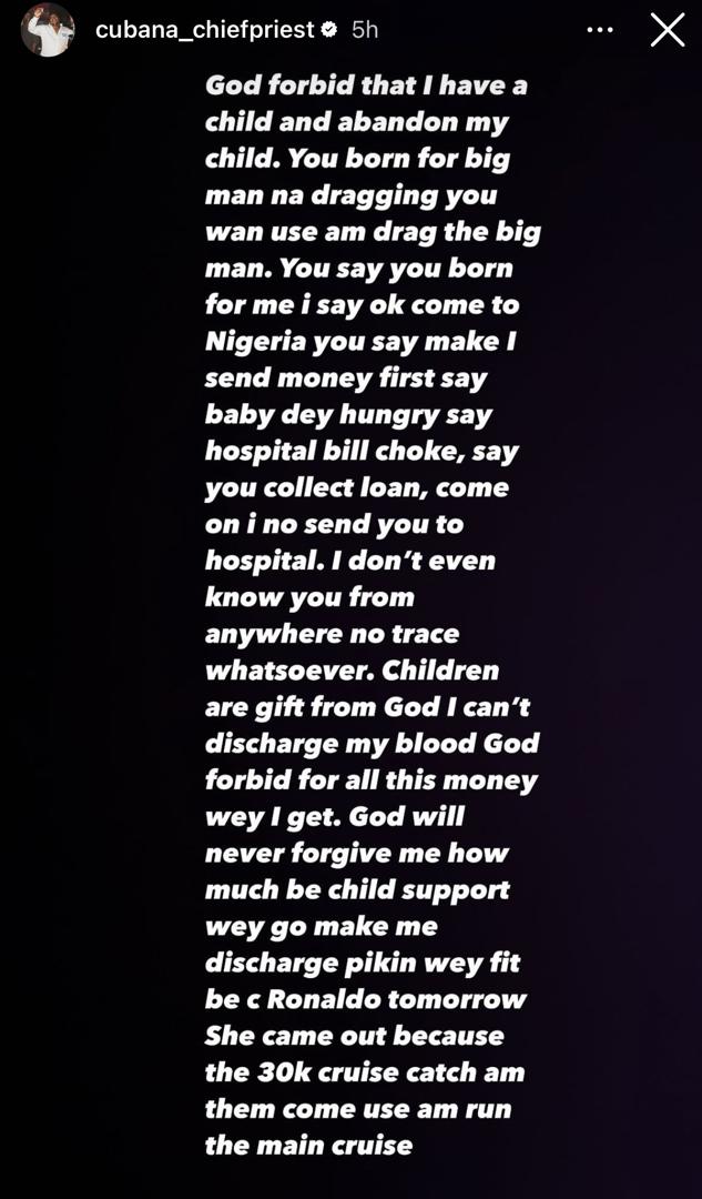 "God Forbid That I Abandon My Child" - Cubana Chief Priest Addresses Alleged Baby Mama