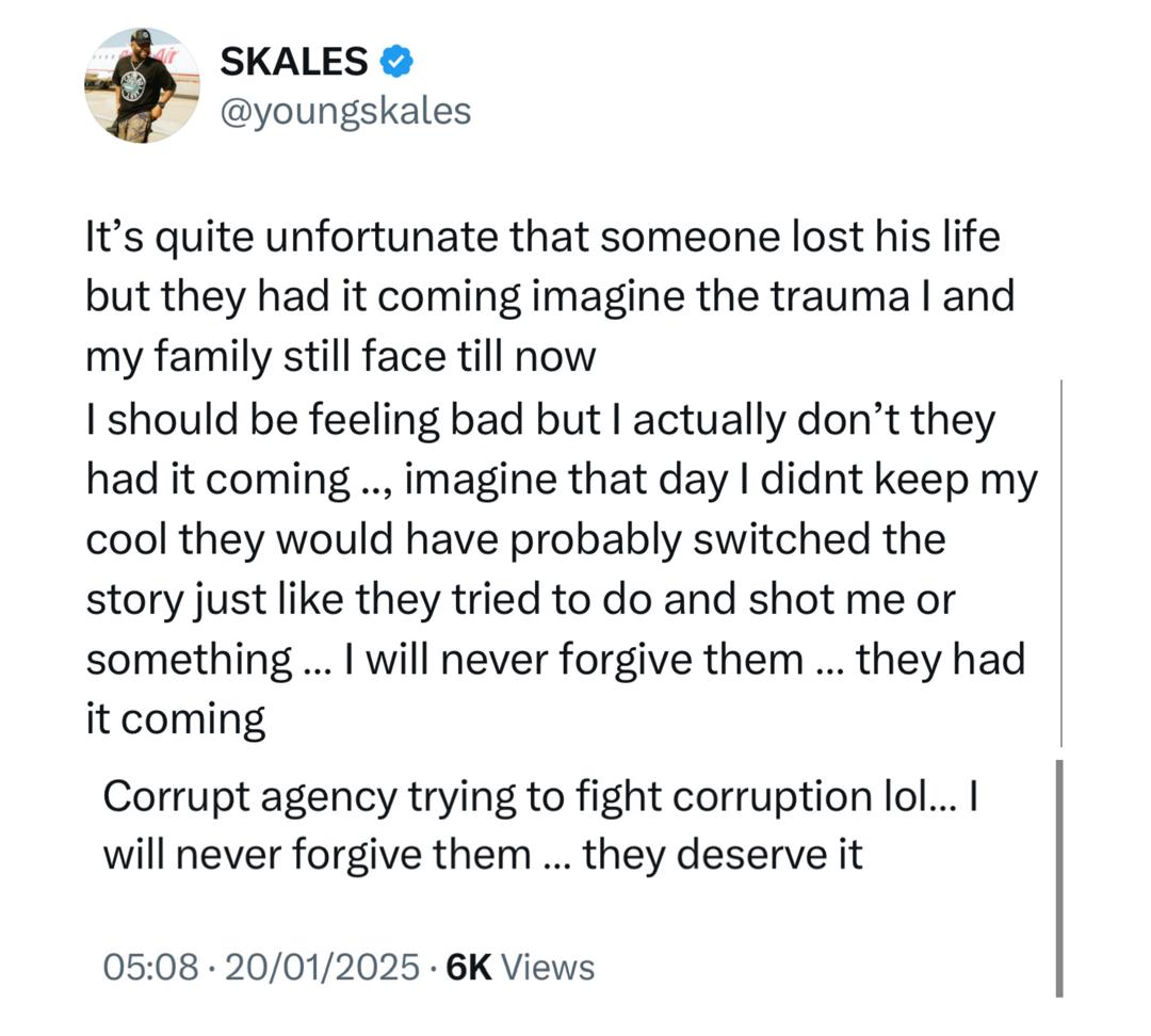 "They Deserve It" - Skales Reacts To Killing Of EFCC Officer During Anambra Raid