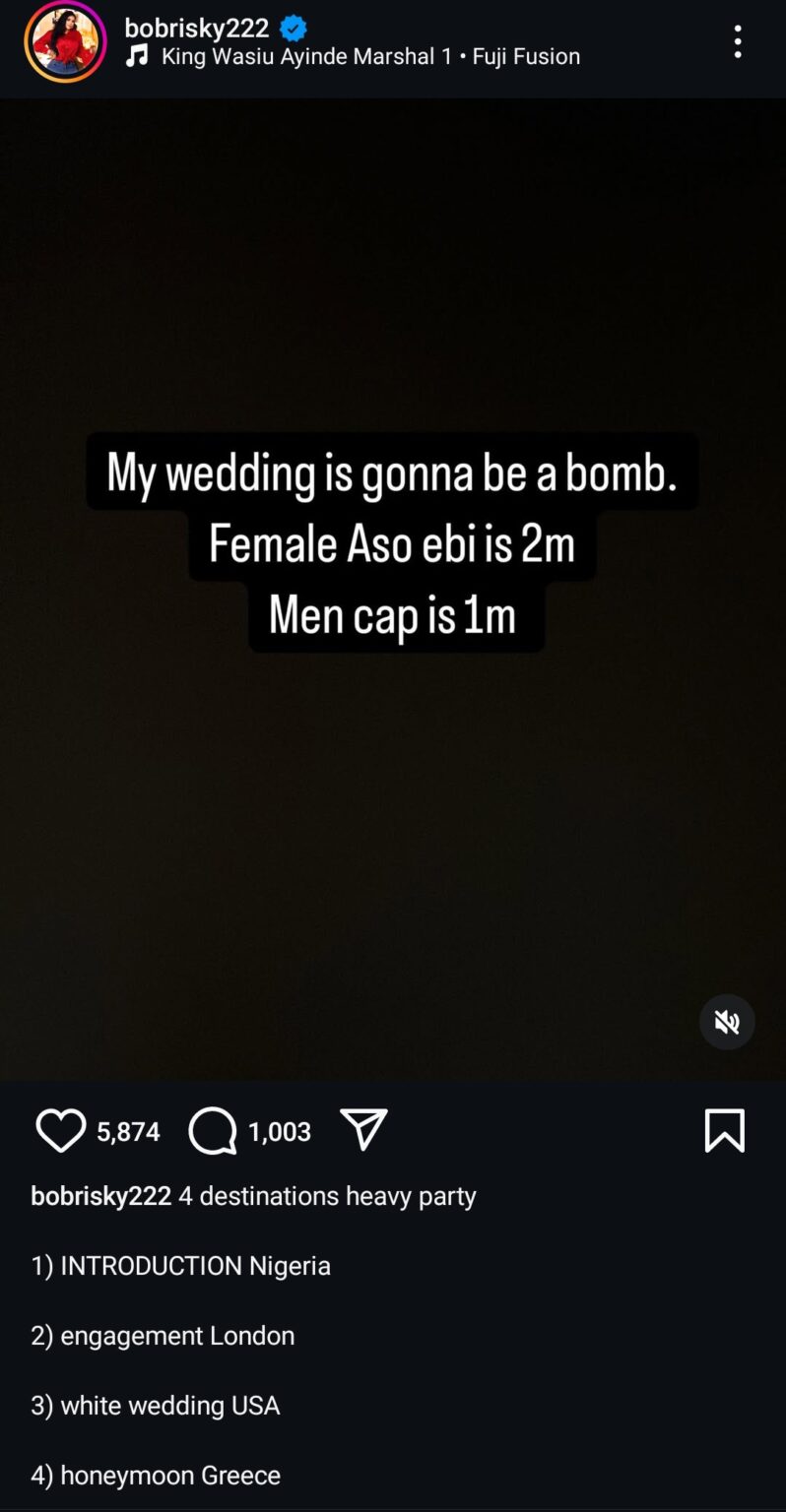 Bobrisky Announces Wedding Plans, Reveals Venue, Sells Aso Ebi For ₦2m And Caps For ₦1m