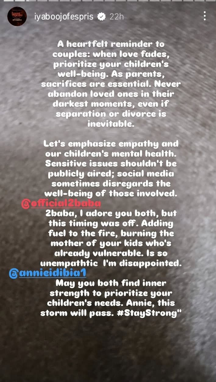 Iyabo Ojo Slams 2Face, Advices Couples, "When Love Fades, Prioritise Your Kids' Well-Being"