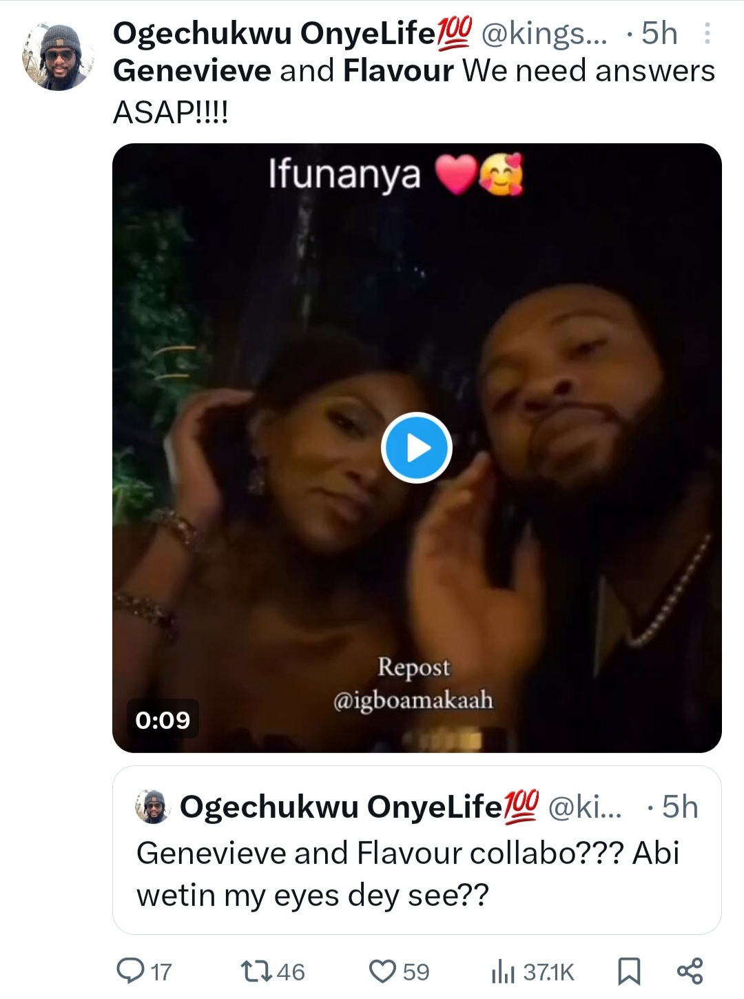 Reactions As Flavour N'Abania Shares Adorable Video With Genevieve Nnaji