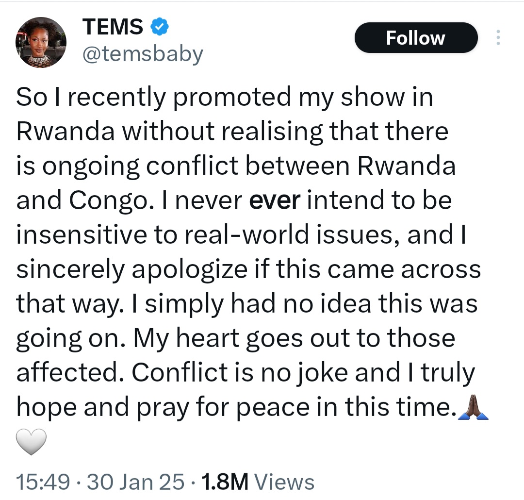 Tems Cancels Her Show In Kigali Over Ongoing Conflict Between Rwanda And Congo 3 Tems Cancels Her Show In Kigali Over Ongoing Conflict Between Rwanda And Congo 1