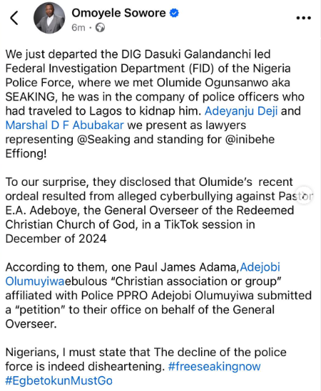 Tiktoker, Sea King Re-Arrested Over Defamatory Comments Against Pastor Adeboye - Sowore 2 Tiktoker, Sea King Re-Arrested Over Defamatory Comments Against Pastor Adeboye - Sowore
