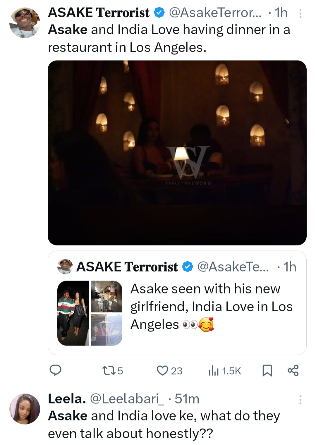 Asake Sparks Dating Rumors With India Love After Being Spotted Together In LA [Photos]