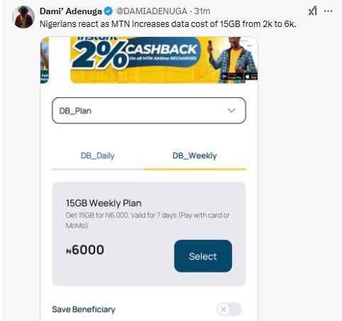 Nigerians Kicks As MTN Increases 15GB Data Price From N2K To N6K