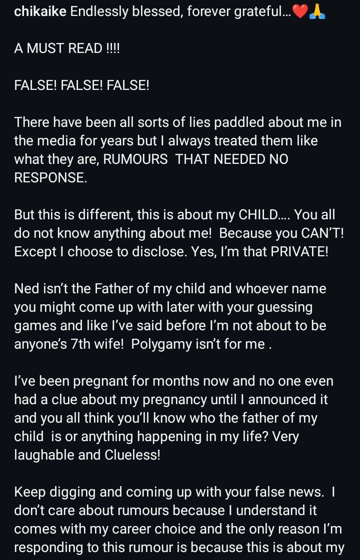 Chika Ike Breaks Silence On Rumors Of Welcoming A Child With Ned Nwoko