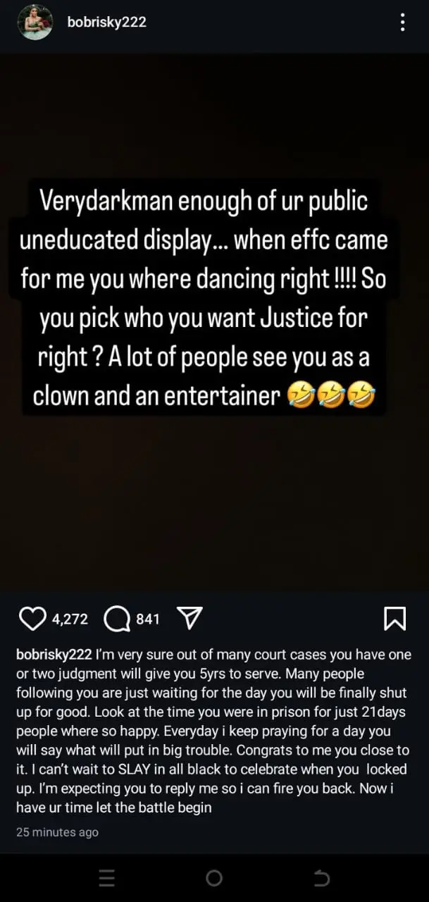 “I Can’t Wait To Celebrate When You Get Locked Up” – Bobrisky Tells VeryDarkMan