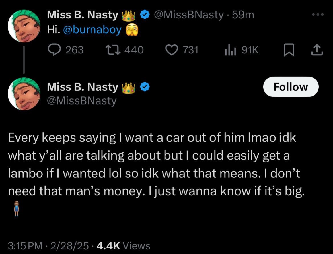 "I Want To Know If His Thing Is Big" – Miss B Nasty Expresses Interest In Burna Boy