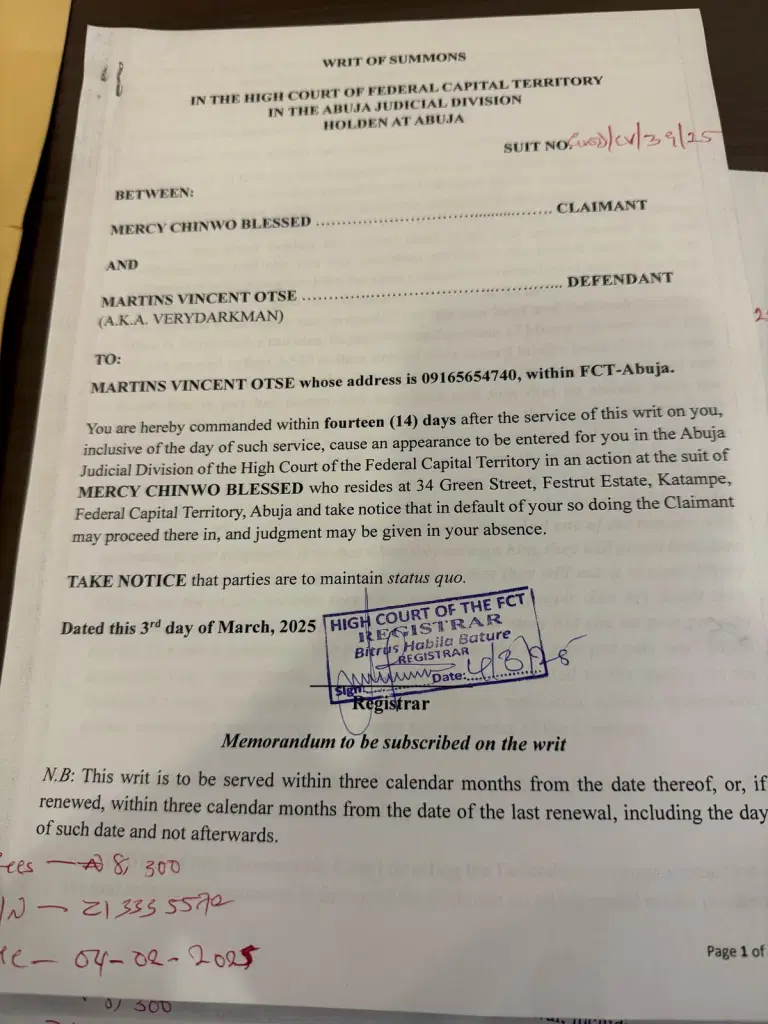 Mercy Chinwo Files N1.1 Billion Lawsuit Against VeryDarkMan For Alleged Defamation 2 Mercy Chinwo Files N1.1 Billion Lawsuit Against VeryDarkMan For Alleged Defamation