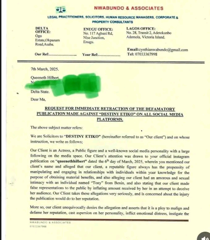 Destiny Etiko Files N100m Lawsuit Against Queeneth Hilbert Over Alleged Defamation