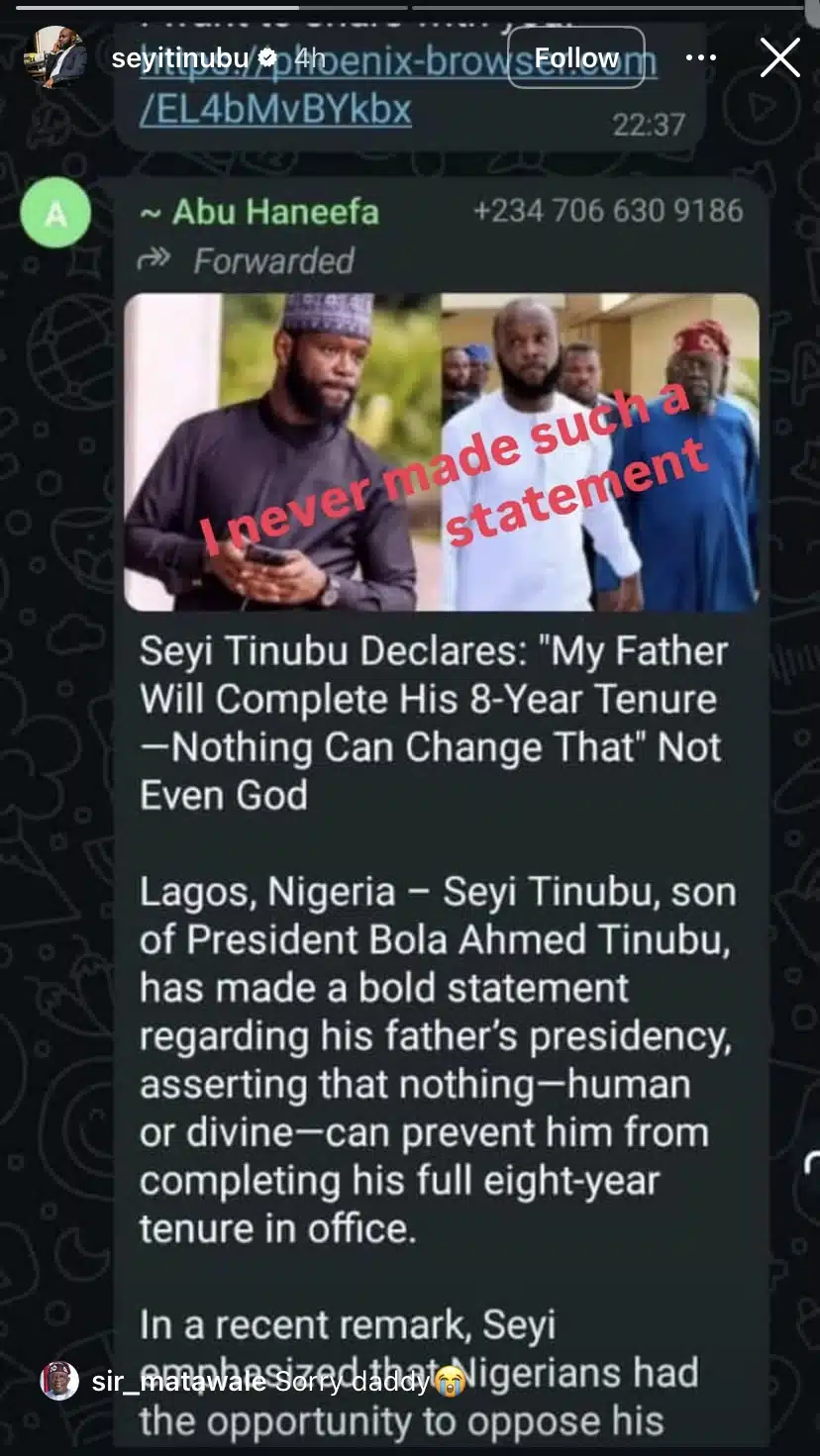 “I Never Said My Father Must Rule Nigeria For 8 Years” – Seyi Tinubu