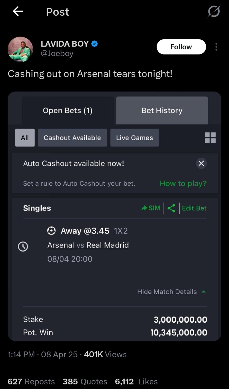 Odumodublvck Reacts As Joeboy Loses N3m Bet After Arsenal Defeated Real Madrid