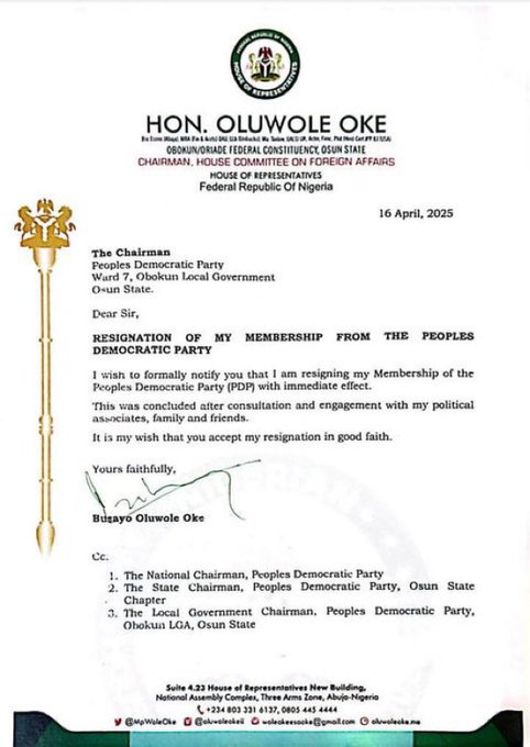 Osun House Of Reps Member, Oluwole Oke Resigns From PDP
