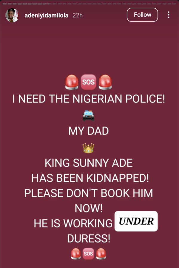 King Sunny Ade Kidnapped By My Brother, Forced To Work Under Duress - Daughter 