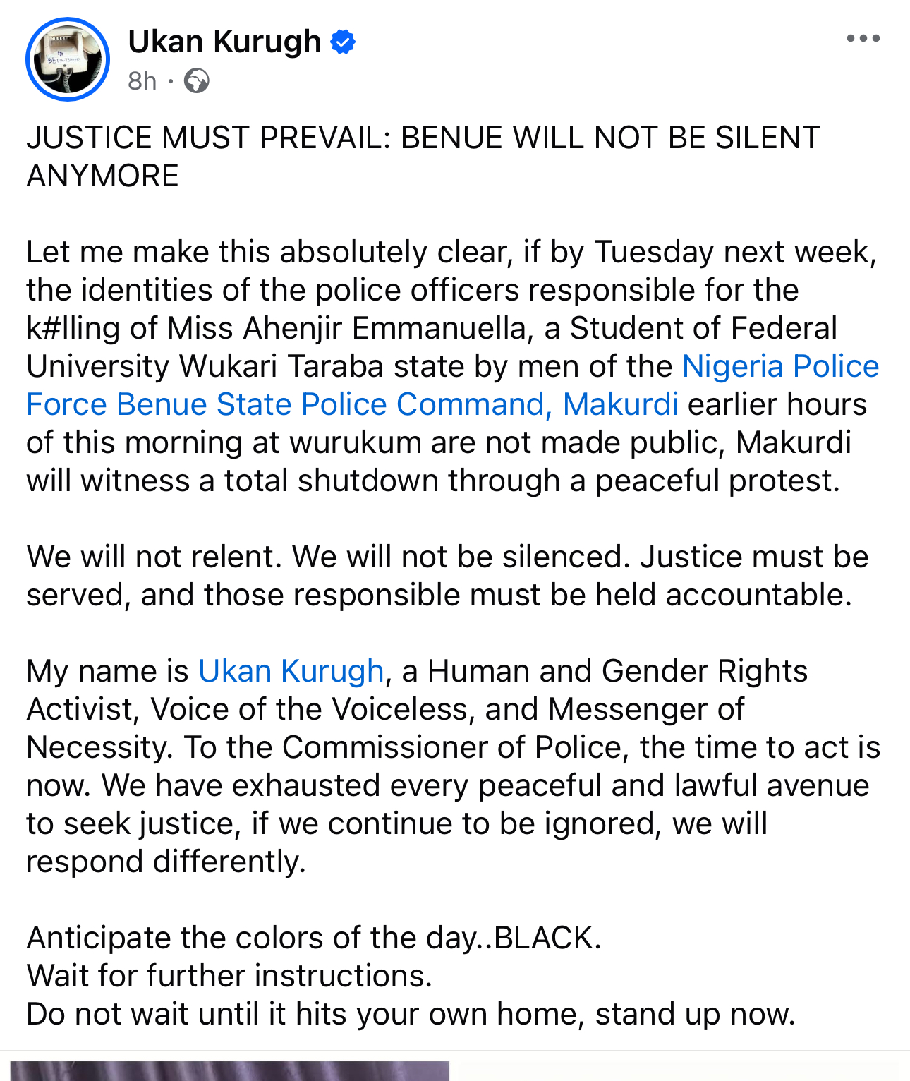 Police Officers Accused Of Killing Final-Year Student, Emmanuella Ahenjir In Benue