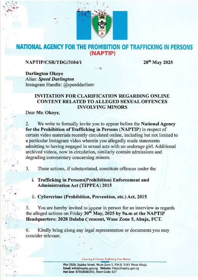 NAPTIP Summons Speed Darlington Over Alleged Sex With Minor