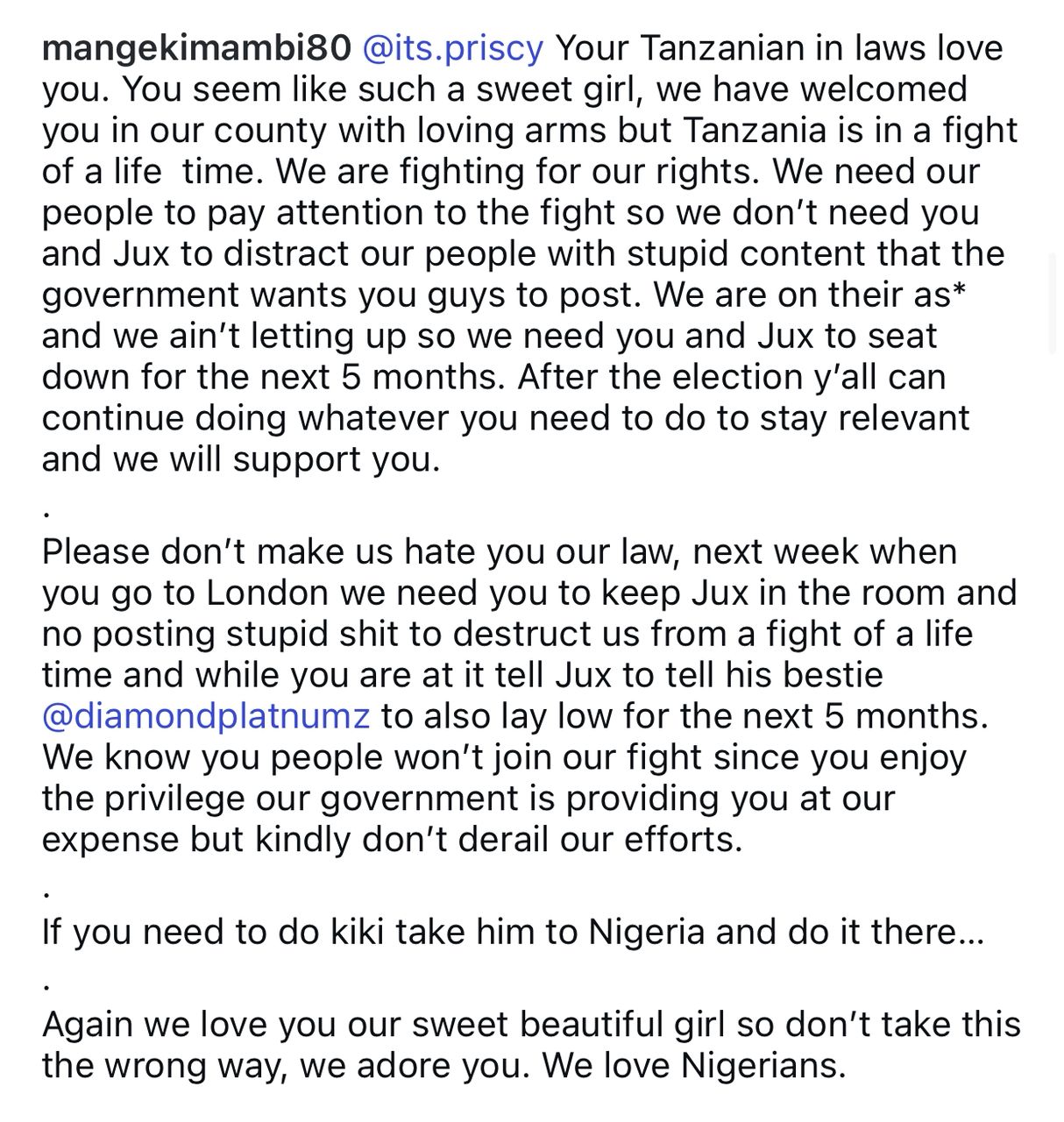 "Don’t Make Us Hate You" - Tanzanian Activist, Mange Kimambi Warns Priscilla Ojo And Juma Jux 2 "Don’t Make Us Hate You" - Tanzanian Activist, Mange Kimambi Warns Priscilla Ojo And Juma Jux 1