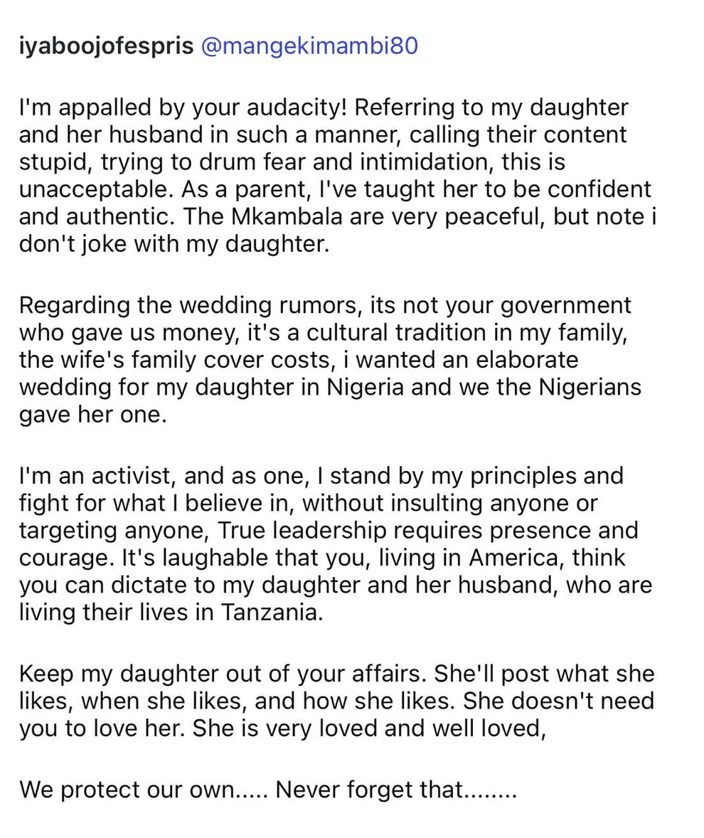 "I Don't Joke With My Daughter" - Iyabo Ojo Slams Tanzanian Star Mange Kimambi For Attacking Priscy 2 "I Don't Joke With My Daughter" - Iyabo Ojo Slams Tanzanian Star Mange Kimambi For Attacking Priscy