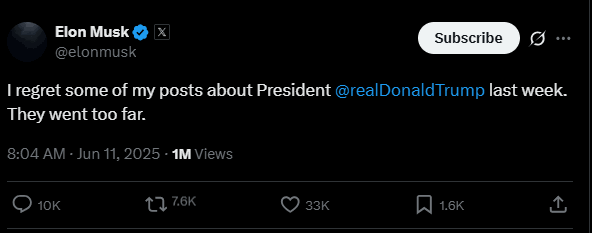 Elon Musk Reveals Why He Regret His Social Media Posts Against President Trump 2 Elon Musk Reveals Why He Regret His Social Media Posts Against President Trump