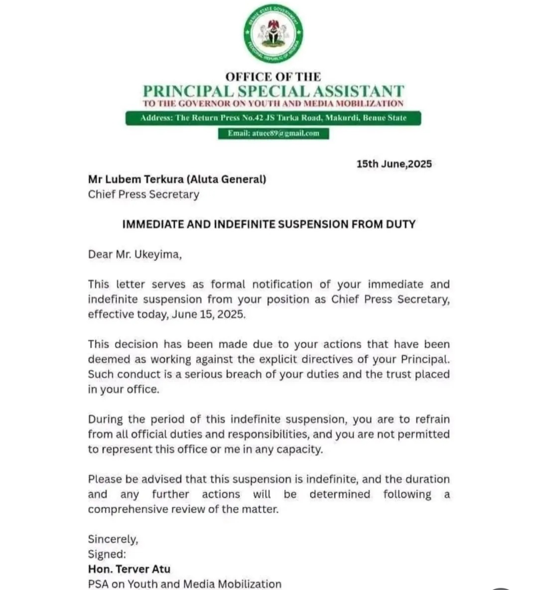 Benue Govt Suspends Chief Press Secretary And Chief Of Staff For Joining 'End Genocide' Protest