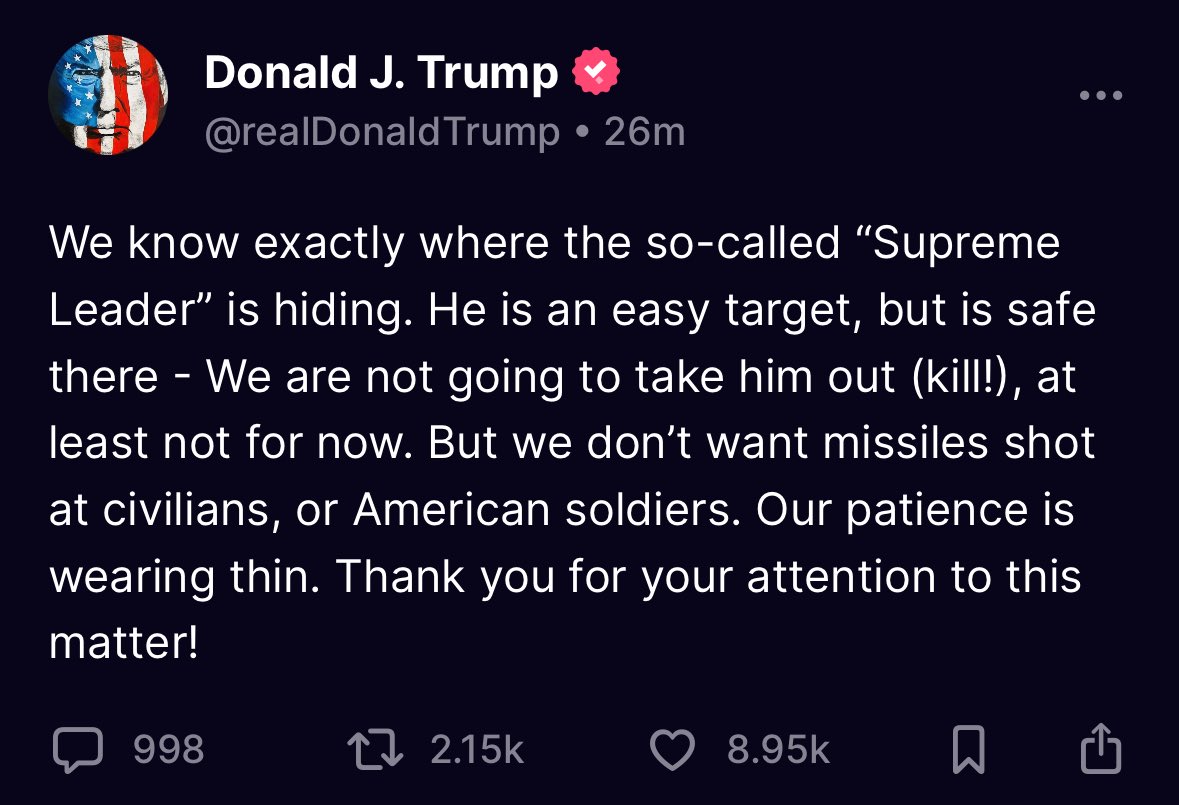 US Knows Where Iran Supreme Leader Is Hiding, But We Won't Kill Him ‘For Now’ — Trump