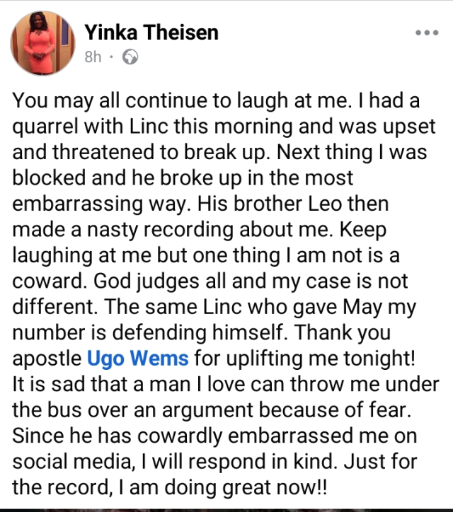 Yinka Theisan Vows To Retaliate Against Linc Edochie For Dumping Her Over A Quarrel