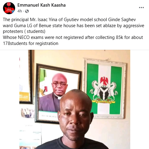 Angry Benue Students Burn Principal’s House Over Alleged NECO Exam Scam