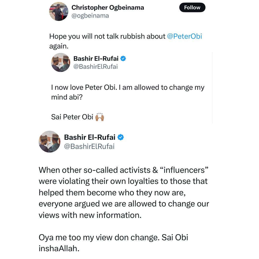 "Sai Obi" - Bashir El-Rufai Declares Love For Peter Obi