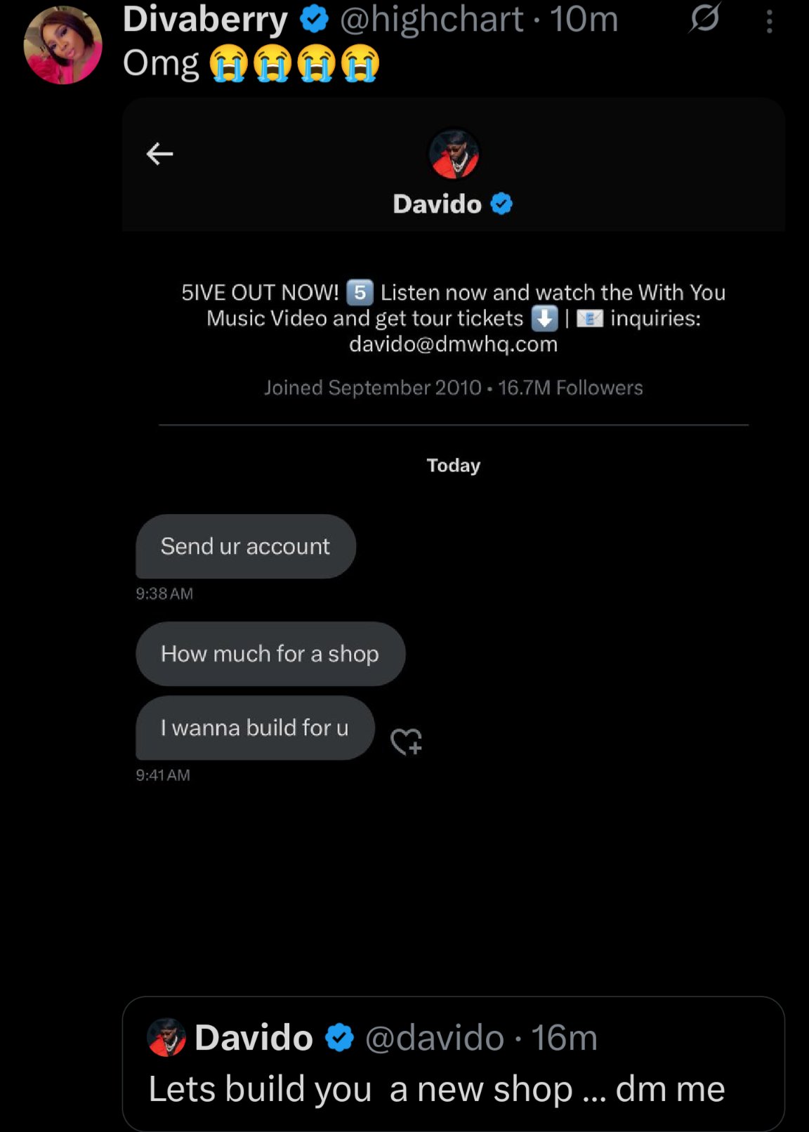 Davido Offers To Build Shop For Female Fan After Threatening To Unfollow Her