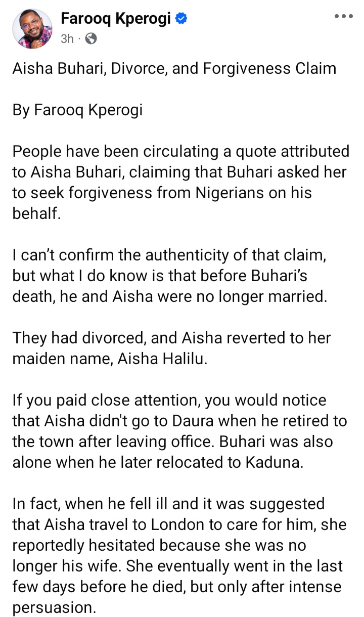 Buhari And Aisha Were Divorced Before His Death - Farooq Kperogi Reveals