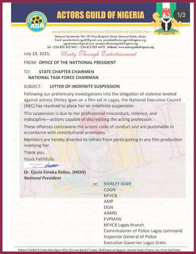 AGN Suspends Actress Shirley Igwe Over Alleged Attack On Crew Member 2 AGN Suspends Actress Shirley Igwe Over Alleged Attack On Crew Member