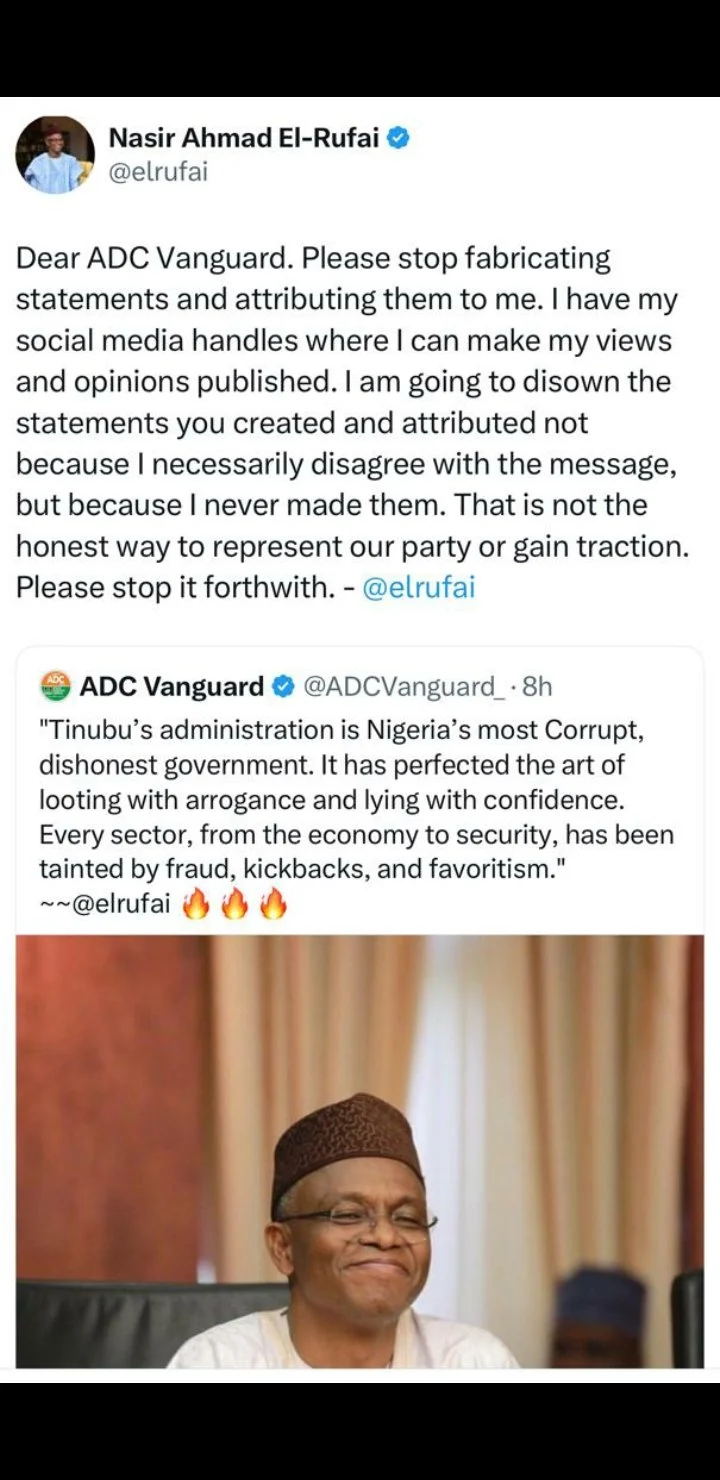 "Stop Putting False Words In My Mouth" - Nasir El-Rufai Warns ADC Vanguard 2 "Stop Putting False Words In My Mouth" - Nasir El-Rufai Warns ADC Vanguard