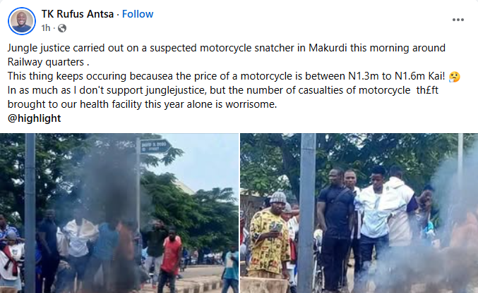 Suspected Motorcycle Thief Lynched And Burned In Makurdi [Photos] 3