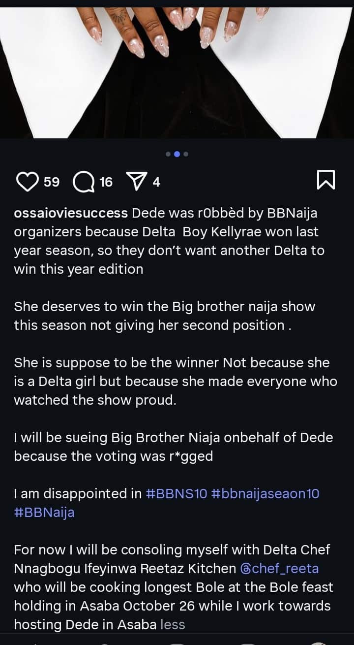 Delta Governor’s Aide, Ossai Ovie Accuses BBNaija Of Rigging After Dede Lost To Imisi 1